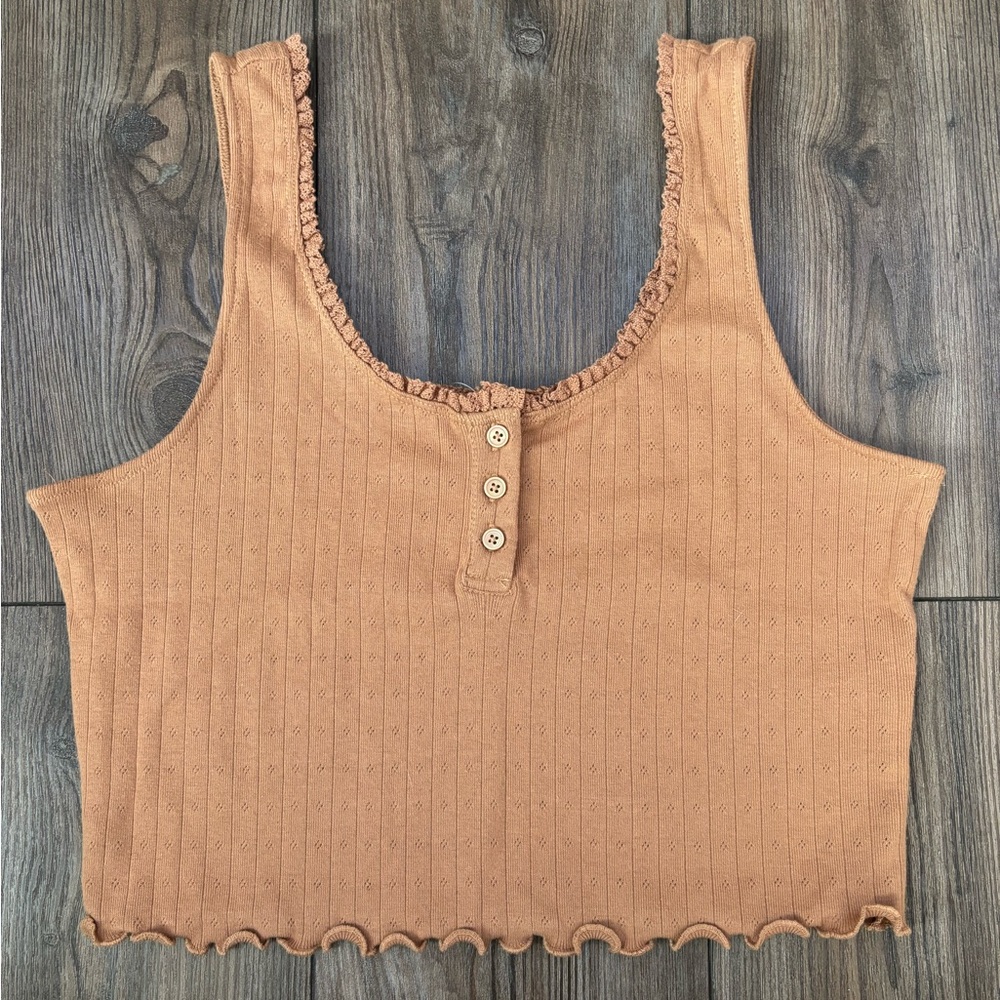 Kohl's Tan Ribbed Crop Tank Top with Ruffles